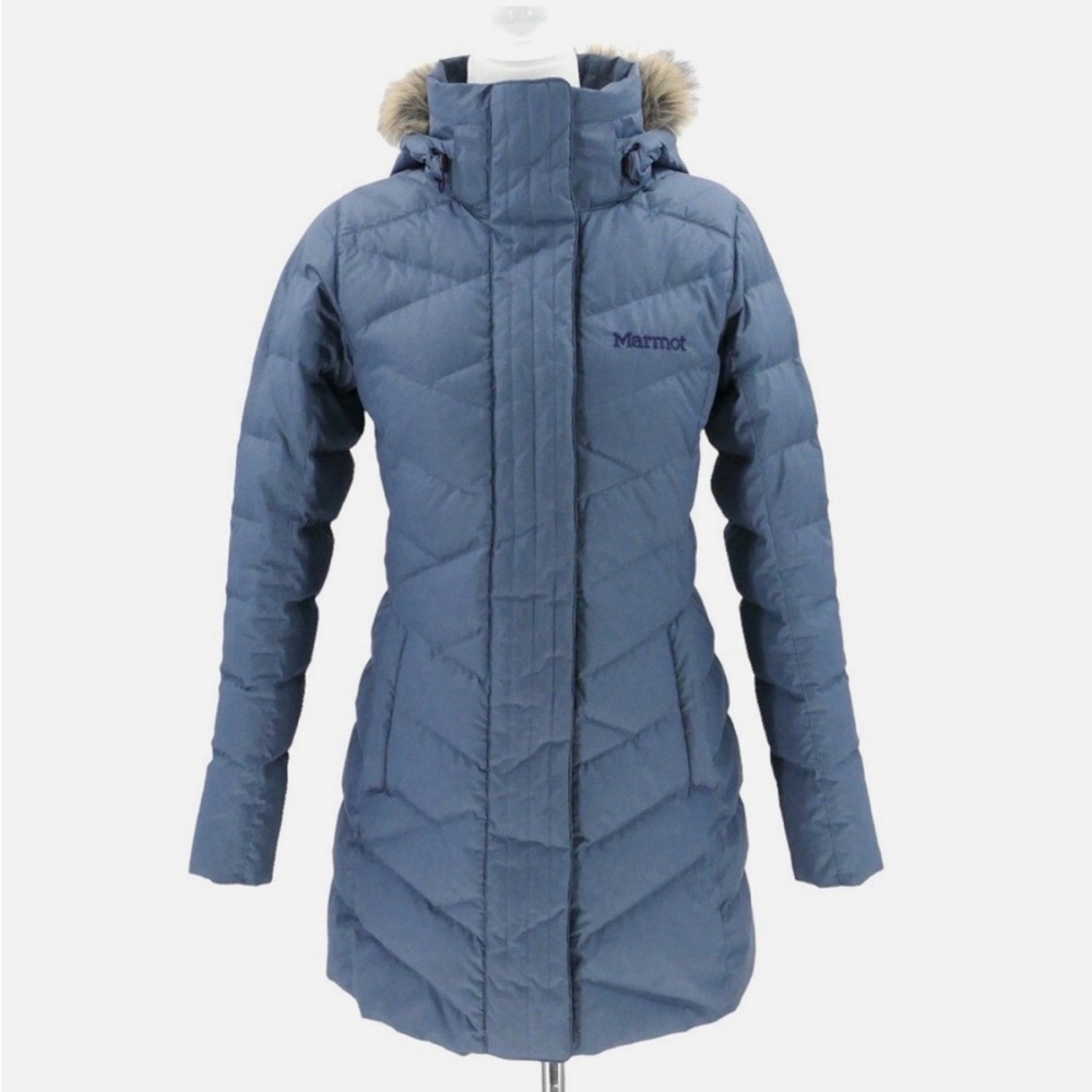 MARMOT Women’s Medium 700 Fill Down Puffer Parka Coat Jacket Faux Fur Lined Hood